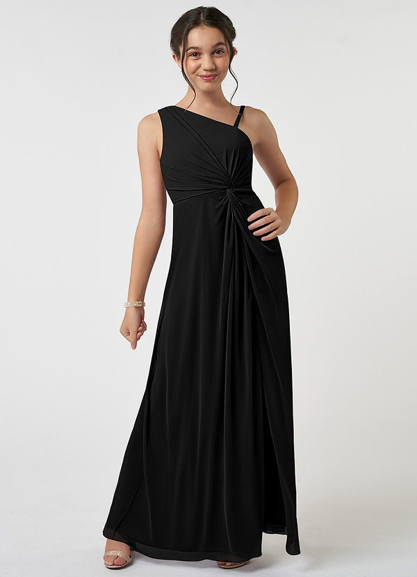 Azazie Brooke Junior Abito A-Line in Maglia Plissettato Nero image1