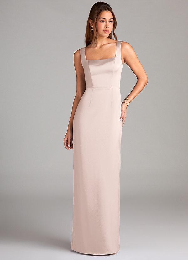 Azazie Flori Bridesmaid Dresses Blushing Pink Sheath Side Slit Stretch Satin Dress image1