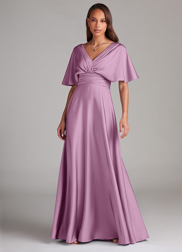 Azazie Pamela Robes Demoiselle d'honneur Robe Trapèze en Satin extensible Plissée Glycine image1