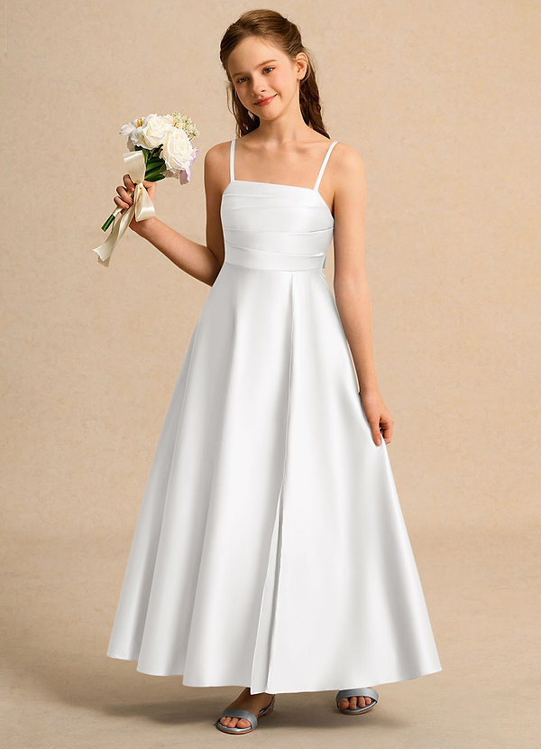 Azazie Pebbles Girls Formal Blumenkinder Kleider A-Linie Plissee Matte Satin Kleid Weiß image1