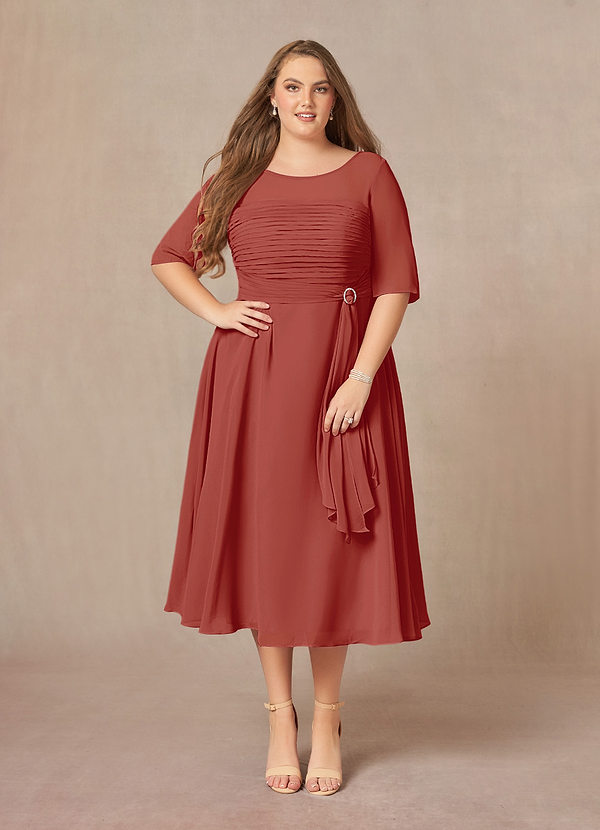 Azazie Naomi Robe Mère de la Mariée & du Marié Robe Trapèze en Mousseline de soie Col bateau plissé Terracotta image1