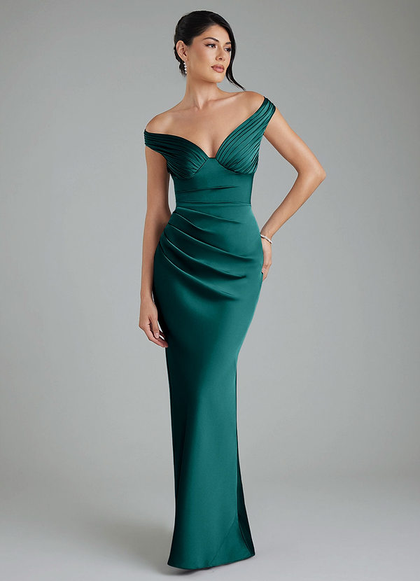 azazie peacock bridesmaid dress Sheath V-Neck Floor-Length Stretch Satin Dresses shoulder neckline with a