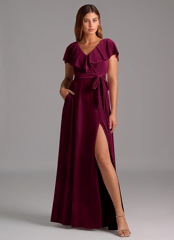 Azazie Lainey Robes Demoiselle d'honneur Robe Trapèze en velours Rayé Cabernet image1