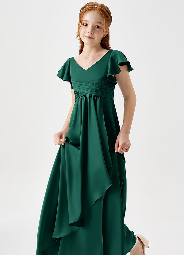 Azazie Omari Junior Emerald A-Line Pleated Stretch Satin Dress image1