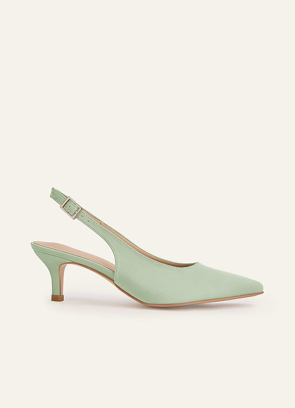 front Matching Color Matte Satin Pointed Toe Slingback Kitten Heel