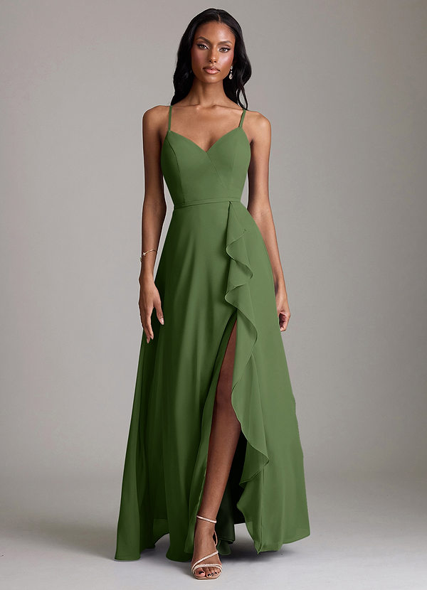 Azazie Naeem Bridesmaid Dresses Olive A-Line V-Neck Ruffle Chiffon Dress image1