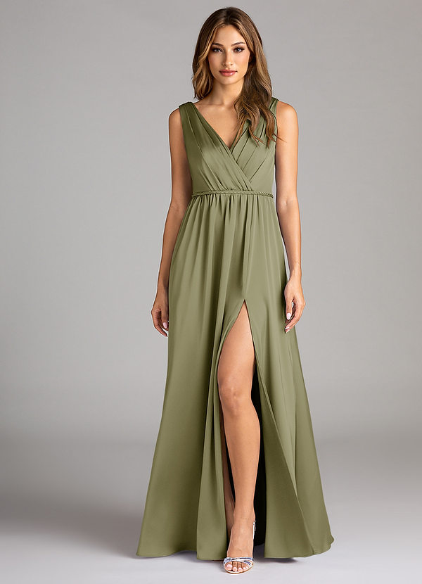 Azazie Tanicia Bridesmaid Dresses Pistachio A-Line Pleated Stretch Satin Dress image1