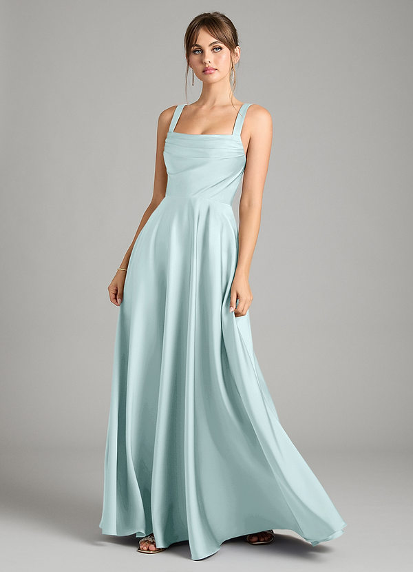 Azazie Shaude Bridesmaid Dresses Sea Glass A-Line Pleated Stretch Satin Dress image1