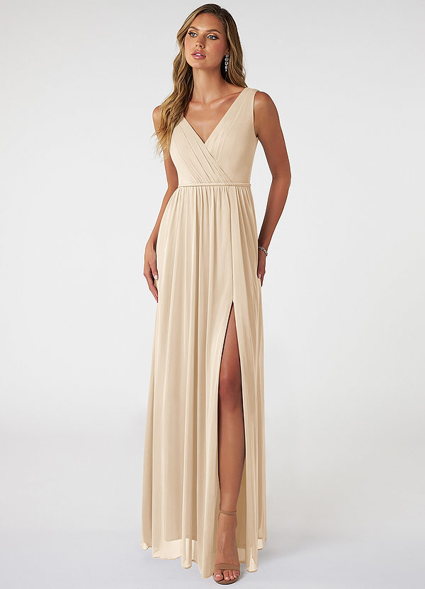 Azazie Tanicia Brautjungfernkleider A-Linie V-Hals Gefaltet Gittergewebe Kleid Champagner image1