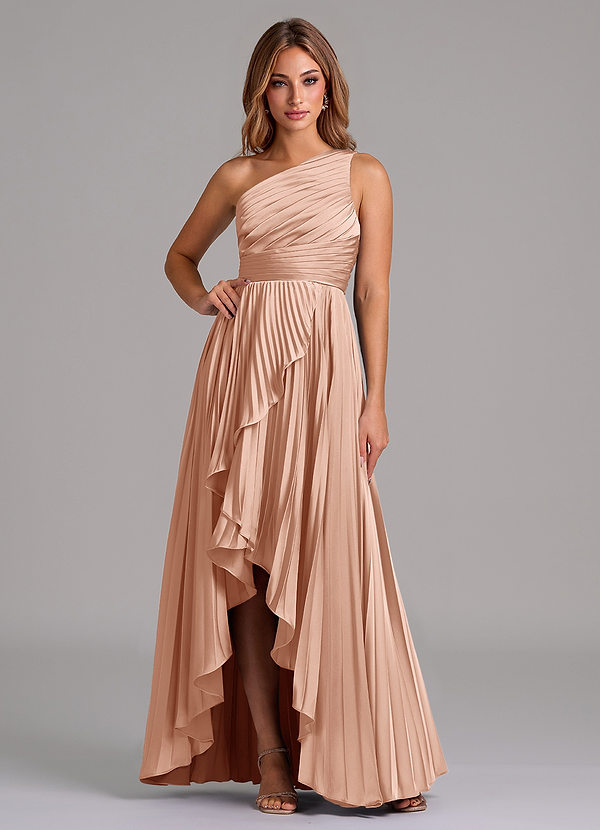 Azazie Lyrica Bridesmaid Dresses Rose Gold A-Line One Shoulder Stretch Satin Dress image1