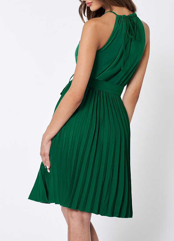 back Love And Chic Dark Emerald Halter Pleated Mini Dress