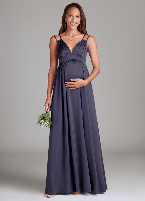 Azazie Emree Vestidos de dama de honor de maternidad Vestido de Corte En A Con bolsillos Hasta el suelo Satén Elástico image1