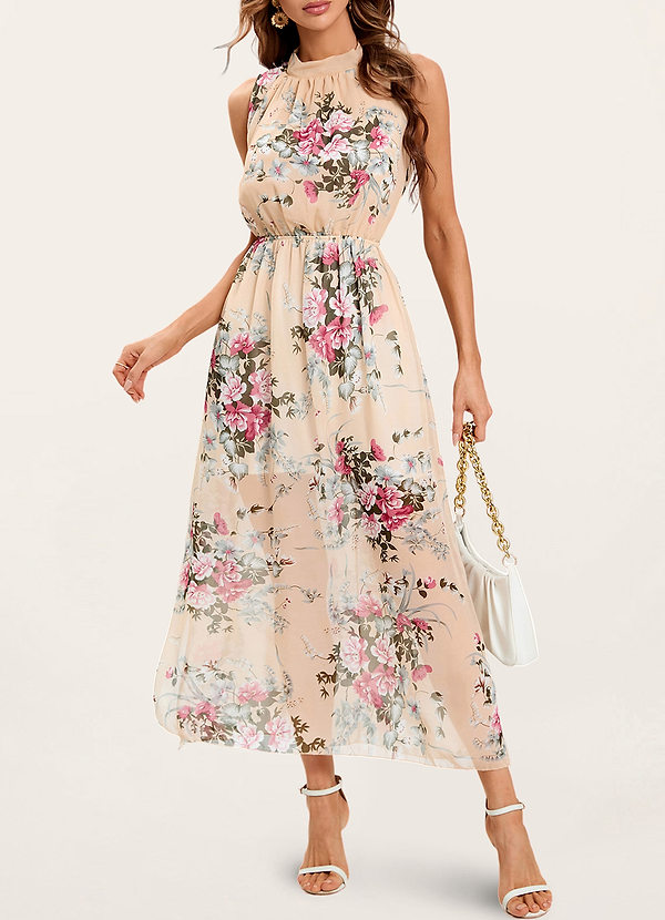 front Float To You Blushing Pink Floral Print Halter-Neck Maxi Dress