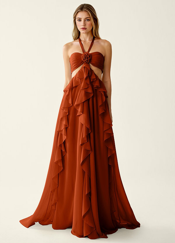 Gelsomina Paprika Chiffon 3D Flowers Ruffled A-line Prom Dress image1