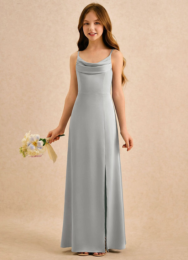 Azazie Shira Girls Formal 플라워 걸 드레스 A라인 주름진 스트레치 새틴 플로어 길이 드레스 image1