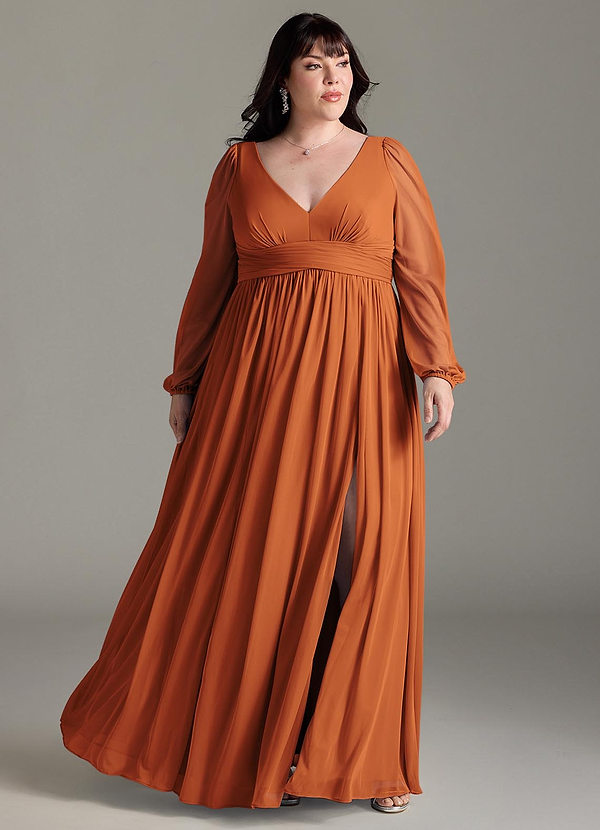 Azazie Norah Brautjungfernkleider A-Linie Lange Ärmel mit V-Ausschnitt Chiffon Kleid Kanel image1