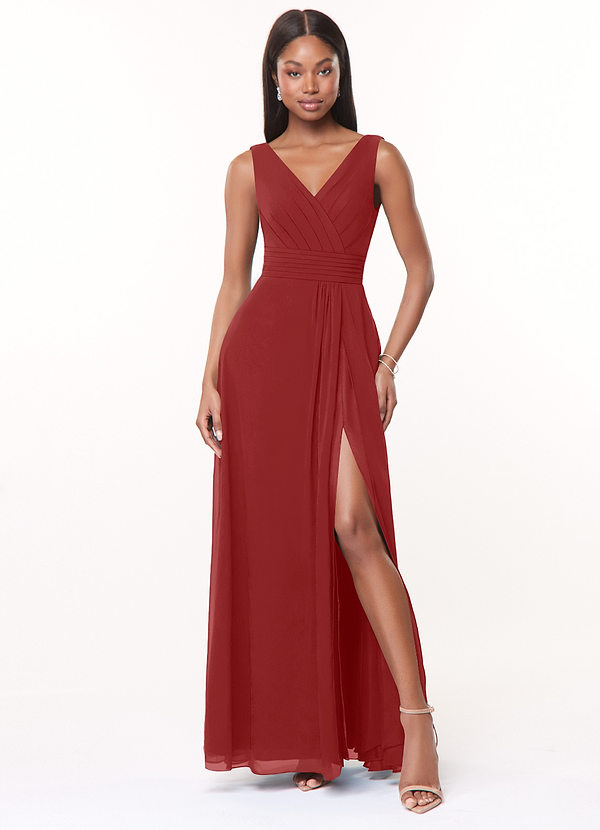 Azazie Karina Bridesmaid Dresses Rust A-Line Pleated Chiffon Dress image1