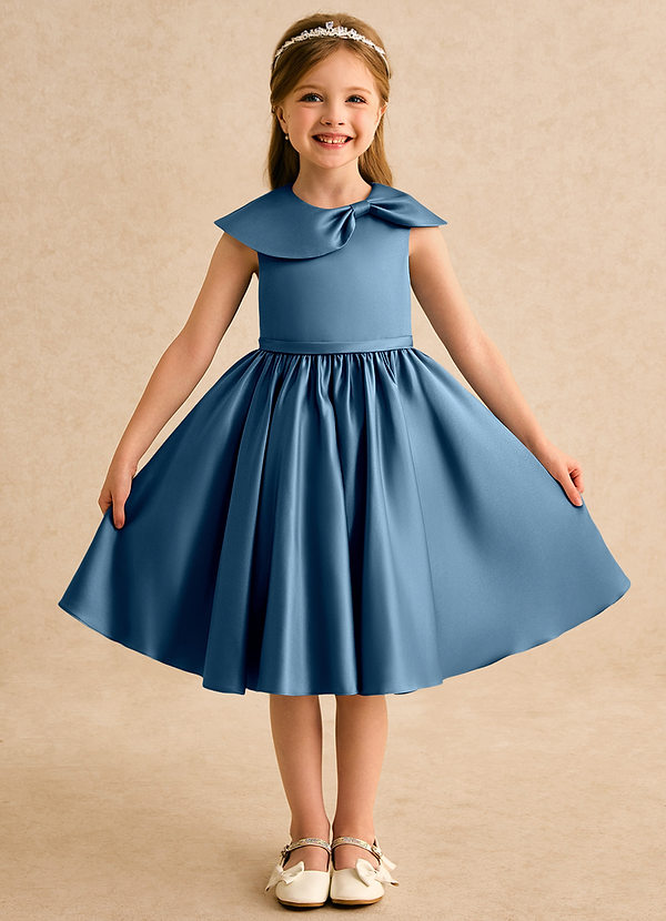 Azazie Acorn Flower Girl Dresses Bermuda A-Line Pleated Matte Satin Dress image1
