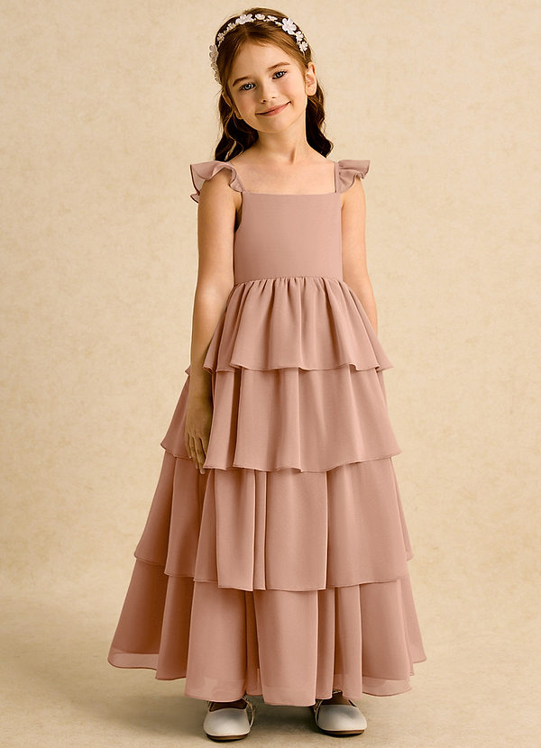 Azazie Boba Vestidos de Niña de Flores Vestido de Champán Rosado de Gasa de Corte En A con Escote Cuadrado image1