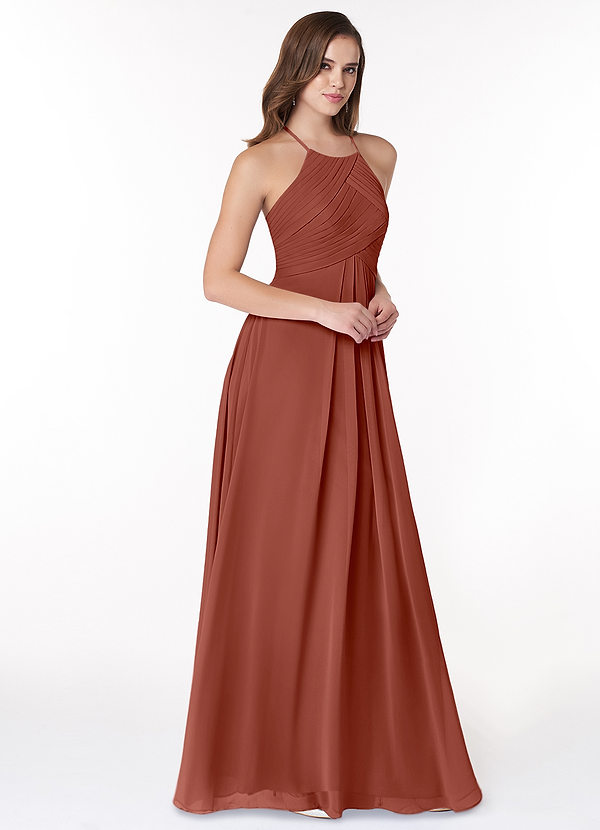 Azazie Ginger Bridesmaid Dresses Auburn A-Line Halter Pleated Chiffon Dress image1