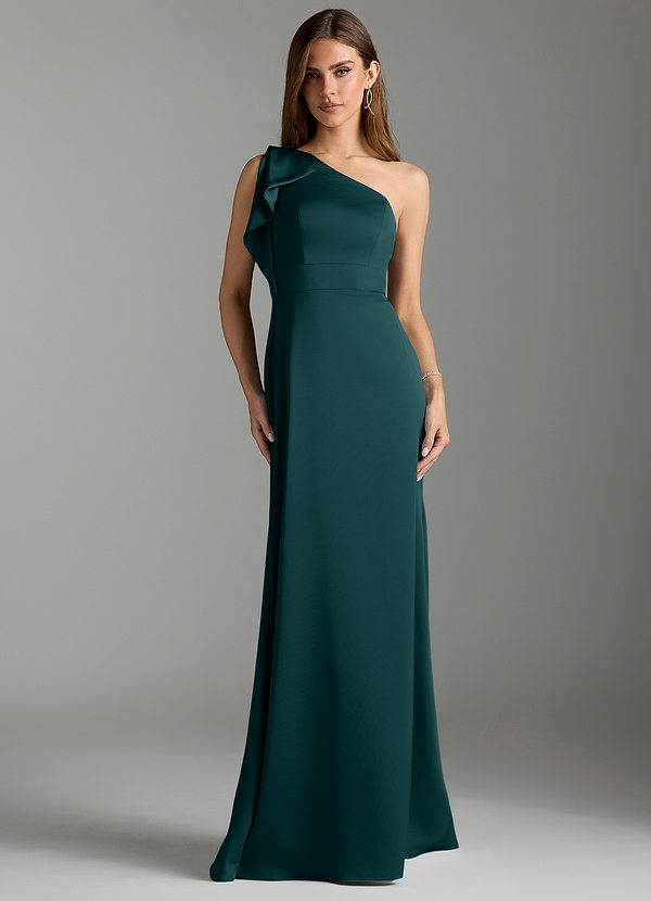 Azazie Rinna Bridesmaid Dresses Pine Mermaid Ruched Stretch Satin Dress image1
