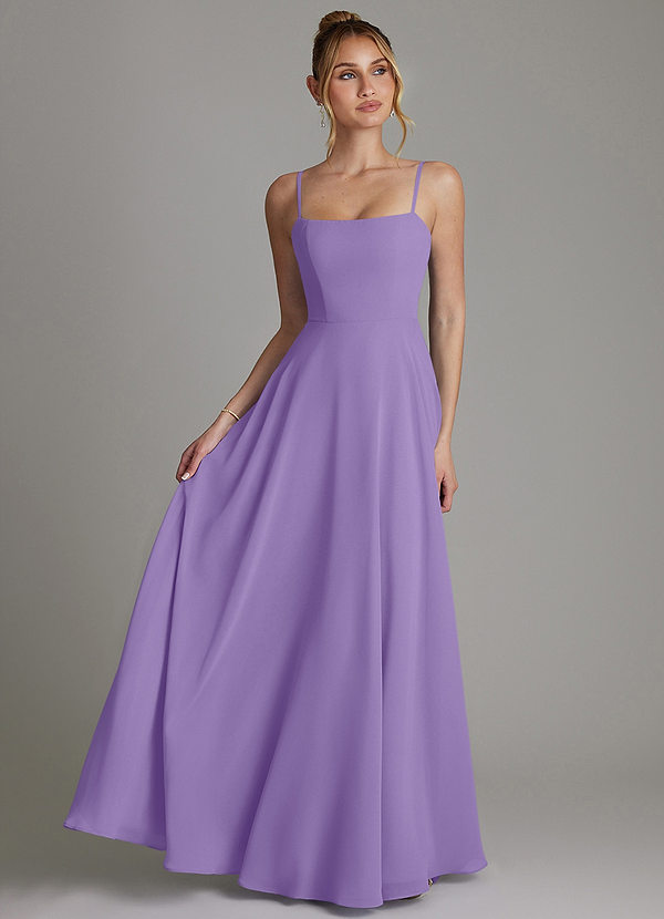 Azazie Elita 신부 들러리 드레스 A라인 주름진 쉬폰 바닥 길이 드레스 image1