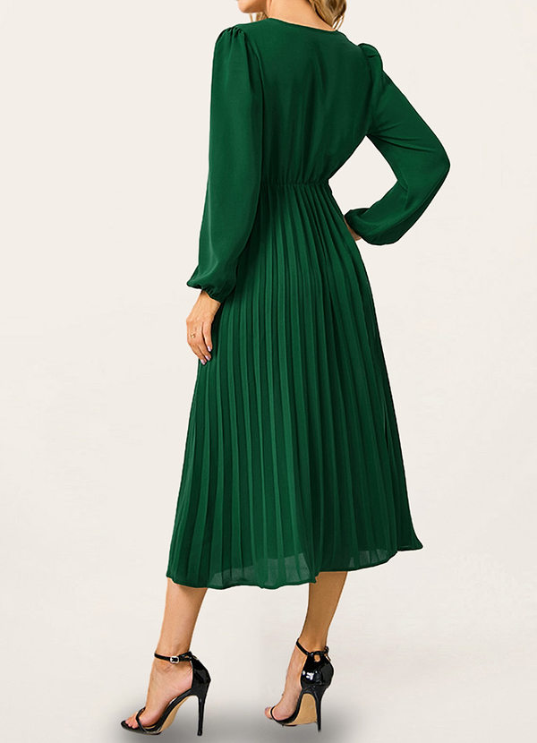 back Norway Dark Emerald Pleated Long Sleeve Midi Dress