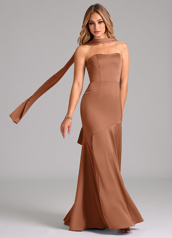 Azazie Shiloh Robes Demoiselle d'honneur Robe Sirène Convertible en Satin extensible Sans bretelle Bronze image1