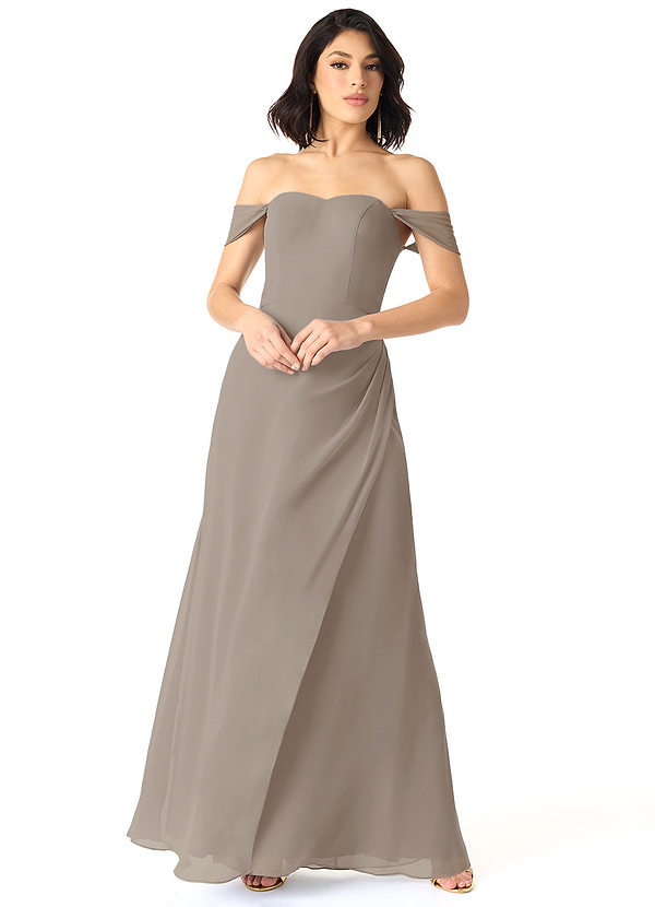 Azazie Jordyn Bridesmaid Dresses Taupe A-Line Off the Shoulder Chiffon Dress image1