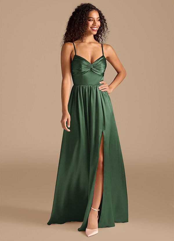 Azazie Zeya Bridesmaid Dresses Eucalyptus A-Line Pleated Metallic Satin Dress image1