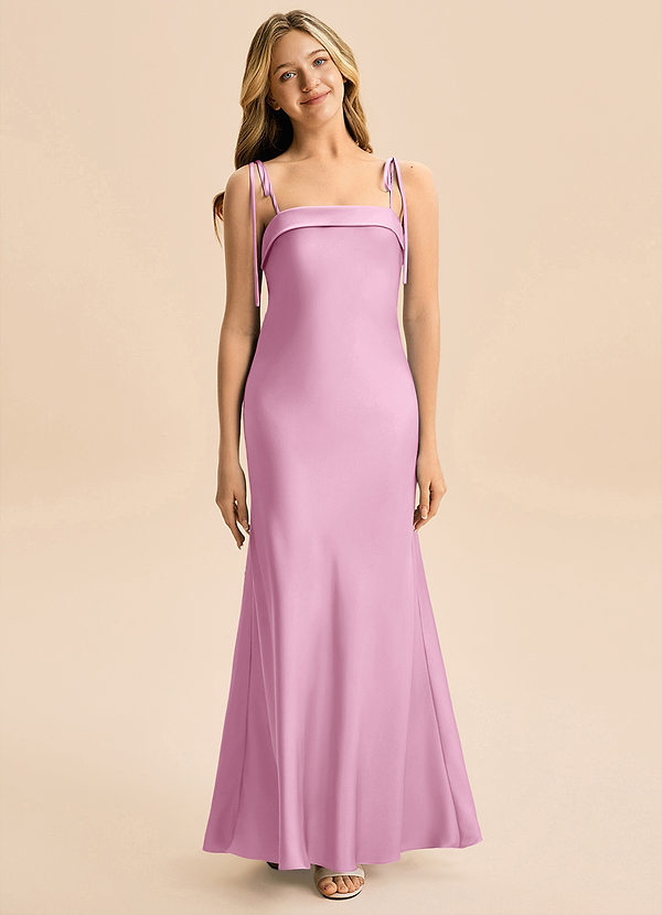 Azazie Willa Junior Vestido Rosa Caramelo de Satén Elástico de Corte Sirena con Lazo image1