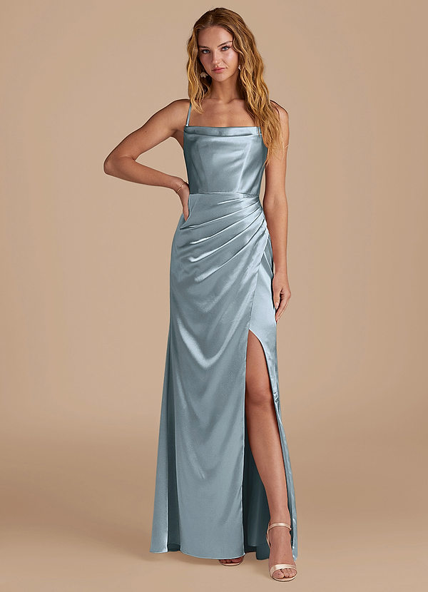 Azazie Marzia Bridesmaid Dresses Dusty Blue Mermaid Pleated Metallic Satin Dress image1