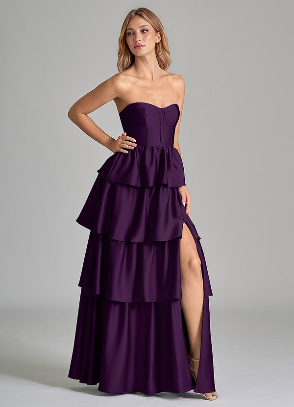Azazie Faye Bridesmaid Dresses Grape A-Line Ruched Stretch Satin Dress image1