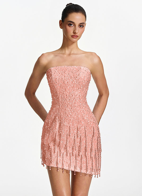 Mahault Rosa Trägerloses Minikleid mit Perlenfransen und Schnürung image1