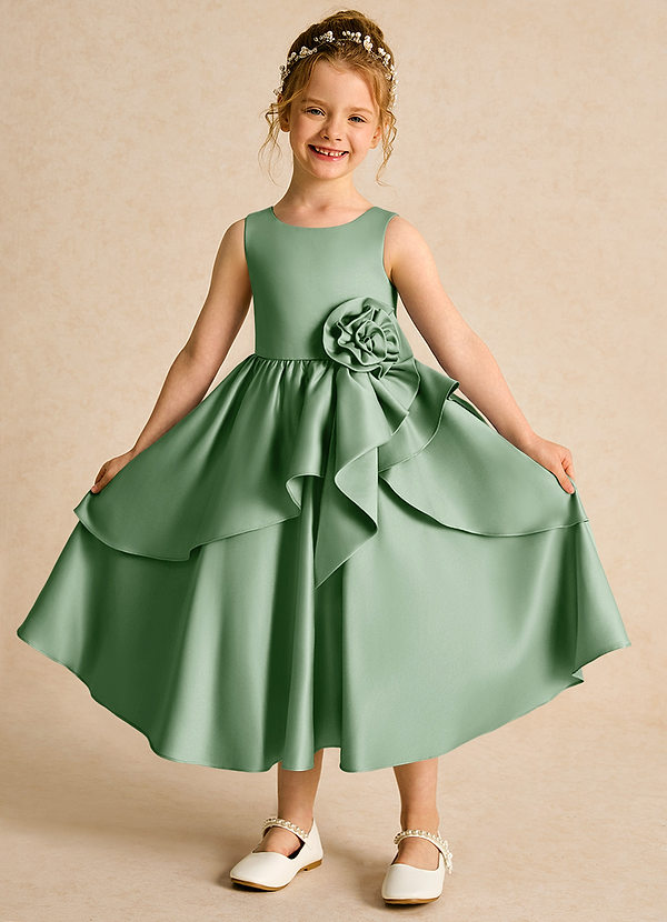 Azazie Hermia Blumenkinder Kleider A-Linie ärmellos Matte Satin Kleid Matcha image1