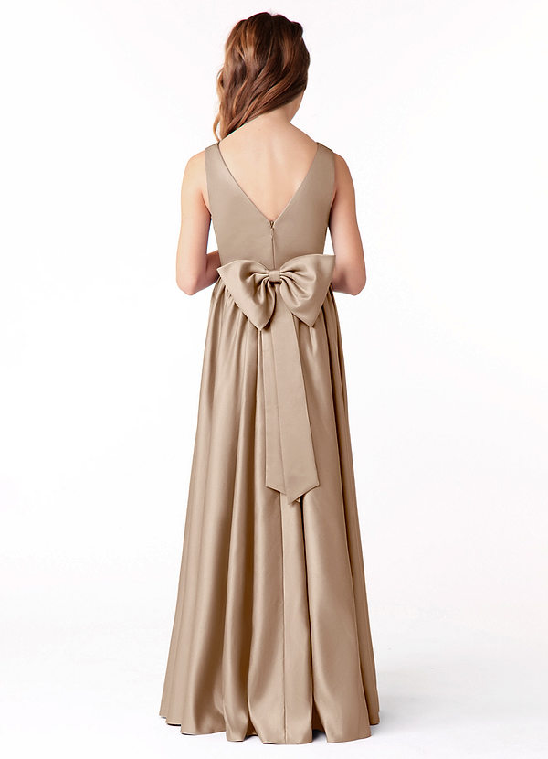 Azazie Hathaway Junior Taupe A-Line Bow Stretch Satin Dress image1