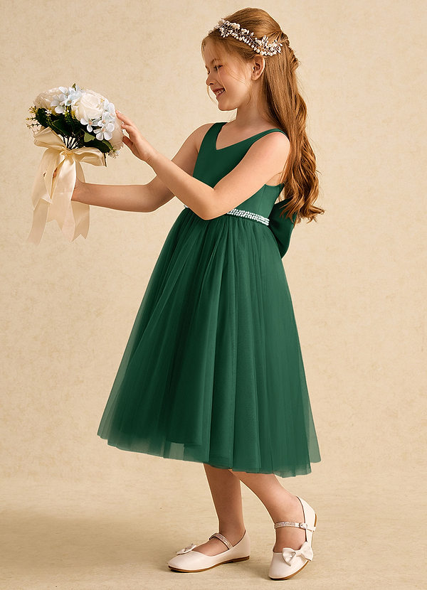 Azazie Firefly Vestidos de Niña de Flores Vestido de Verde Oscuro de Satin Mate de Corte En A con Lazo image1