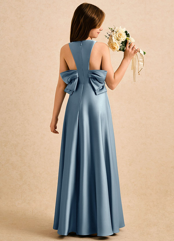 Azazie Nisha Girls Formal Blomsterpigekjoler A-Line Plisseret Stræk satin Gulv-længde Kjole image1