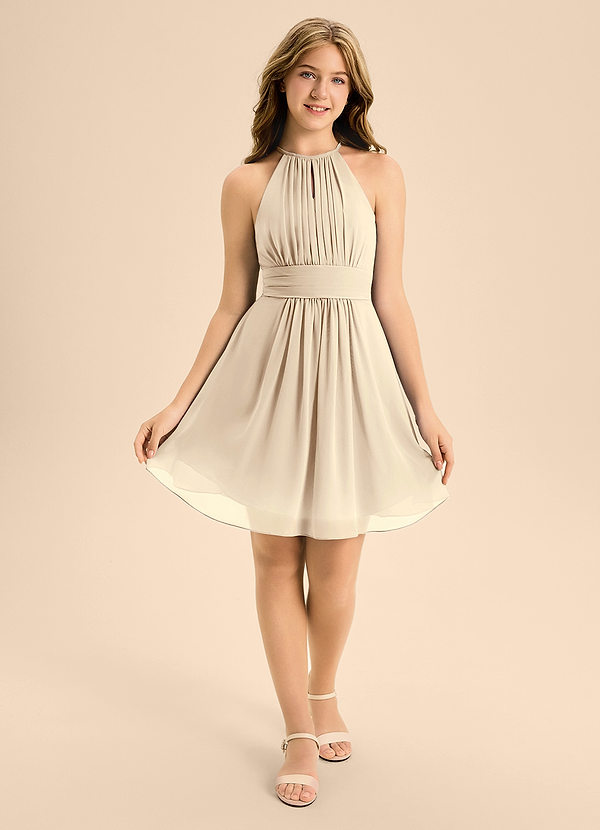 Azazie Bonnie Junior A-Linie Plissee Chiffon Kleid Champagner image1