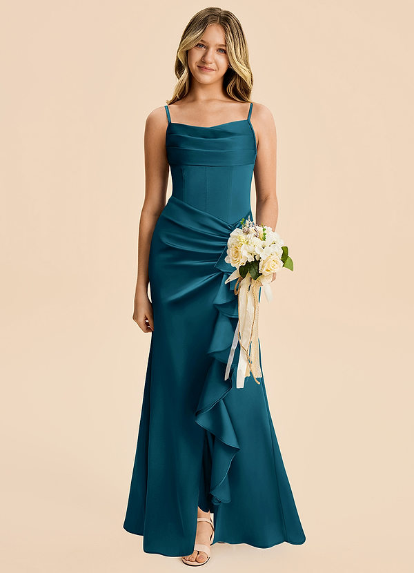 Azazie Rosalia Junior Ink Blue Sheath Pleated Stretch Satin Dress image1