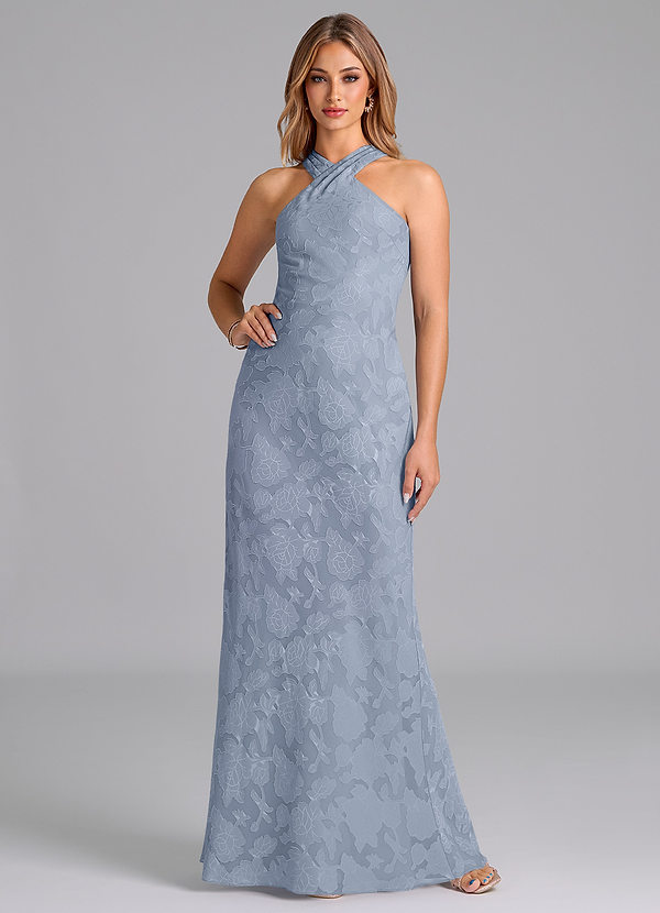 Azazie Doretta Bridesmaid Dresses Dusty Blue Mermaid Pleated Floral Burnout Dress image1