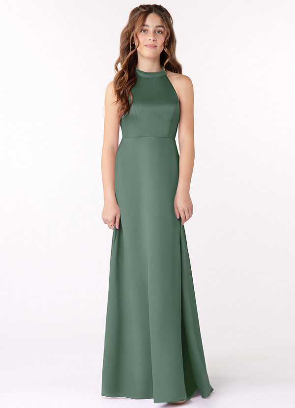 Azazie Laurel Junior Eucalyptus A-Line Matte Satin Dress image1