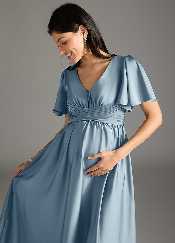 Azazie Verna Maternity Bridesmaid Dresses A-Line Ruched Stretch Satin Floor-Length Dress image1
