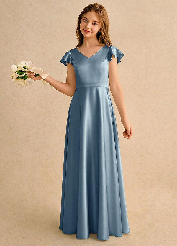 Azazie Nari Girls Formal Sukienki dla dziewczynek sypiących kwiaty Linia A z rękawami Satyna elastyczna Długość podłogi Sukienka image1