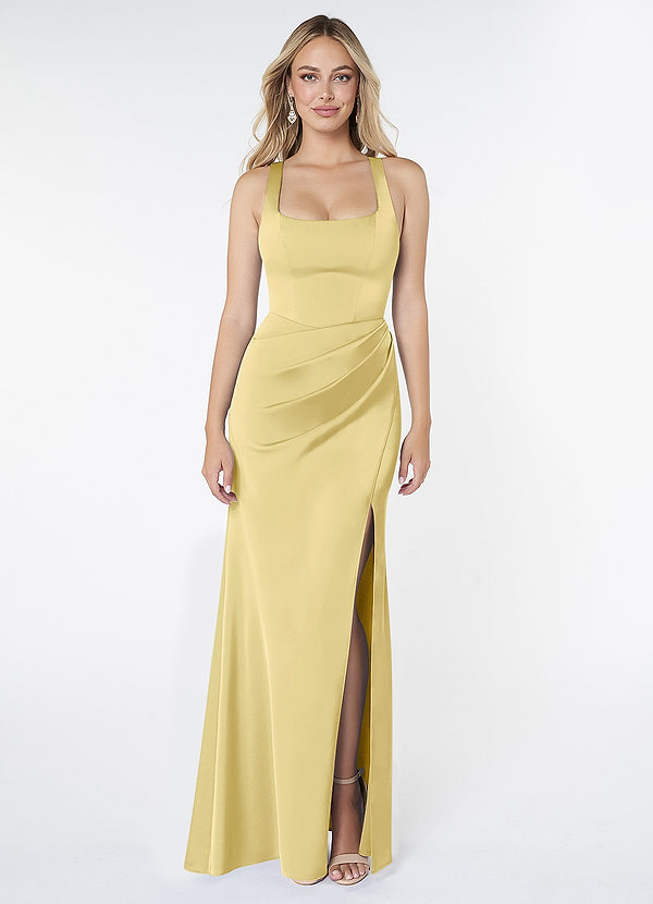 Azazie Mero Bridesmaid Dresses Lemon Sorbet Sheath Pleated Stretch Satin Dress image1