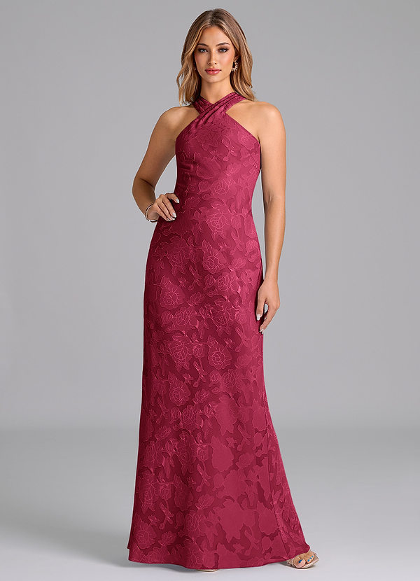 Azazie Doretta Abiti da Damigella Abito Sirena in Burnout Floreale Plissettato Borgogna image1