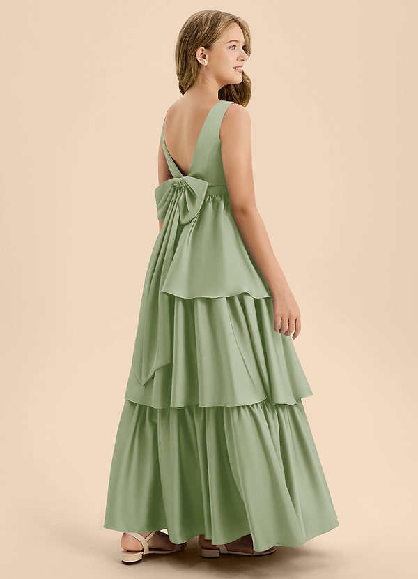 Azazie Meadowyn Junior Robe Trapèze en Satin extensible Arc Vert Sauge image1