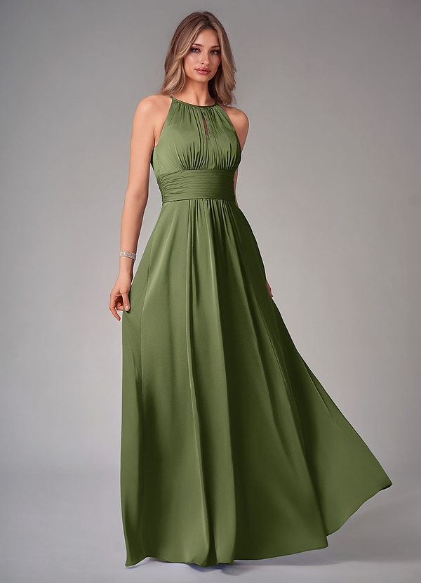 Azazie Bonnie Bridesmaid Dresses Olive A-Line Pleated Stretch Satin Dress image1