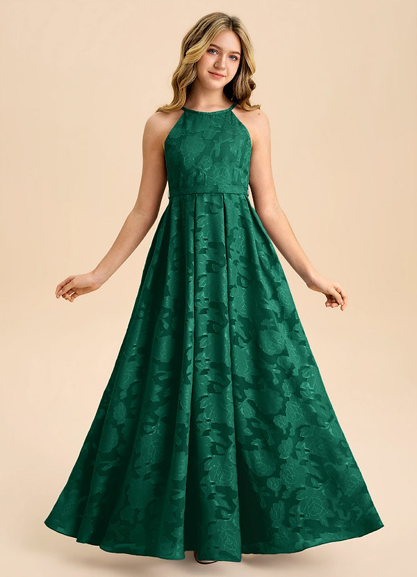 Azazie Arianthe Junior Emerald A-Line Pleated Floral Burnout Dress image1