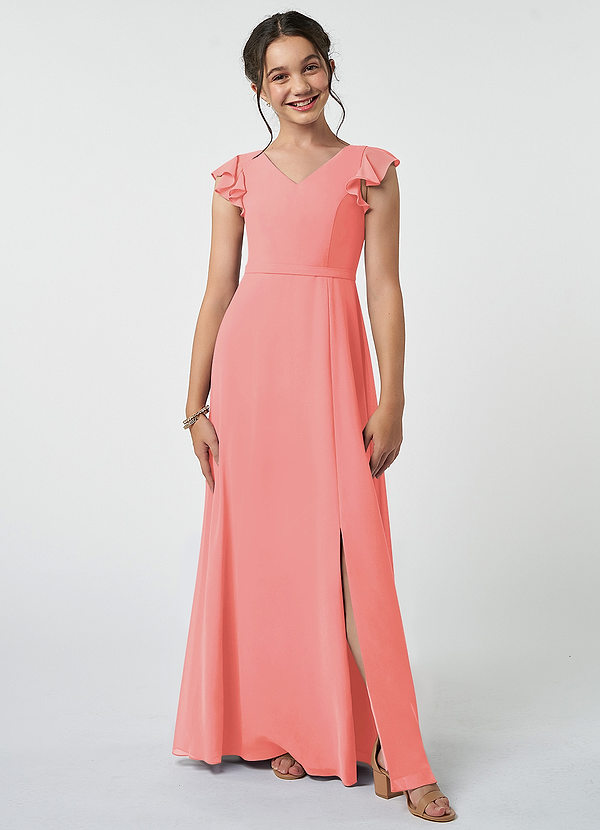 Azazie Claudine Junior Coral A-Line Pleated Chiffon Dress image1